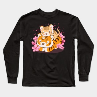 Cute Baby Tiger and Mom with Pastel Pink Sakura Flower Kawaii Aesthetic Long Sleeve T-Shirt